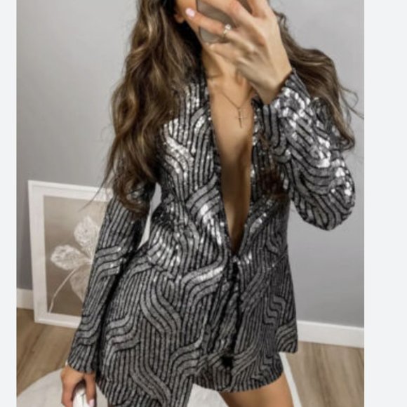 NWT ZARA SILVER LAPELLESS SEQUIN BLAZER JACKET COAT SIZE L M 9355/657 Evening - Picture 3 of 9